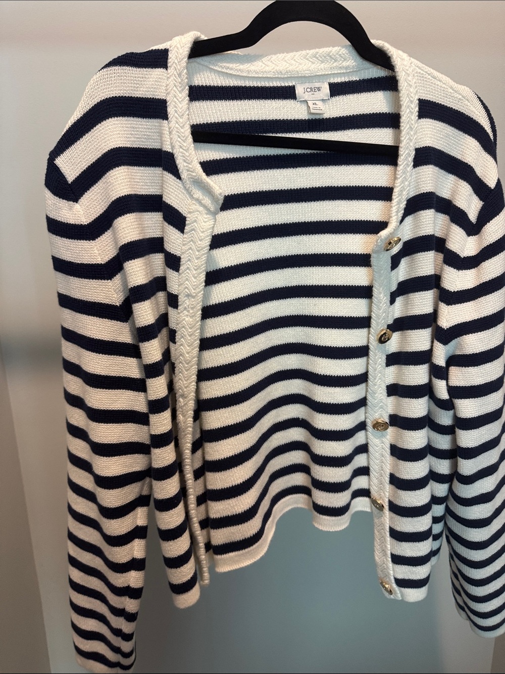 J. Crew Navy and White Striped Cotton Cardigan